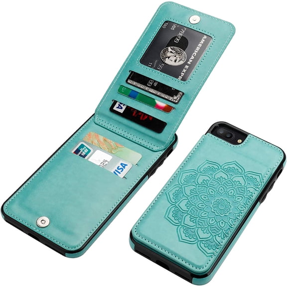 for iPhone 8 Plus/7 Plus Case with Wallet Card Holder,Embossed Mandala Pattern Flower PU Leather 5 Card Slots Kickstand Shockproof Protective Flip Cover for iPhone 7/8 Plus 5.5"(Green)