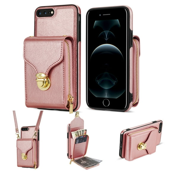 iPhone 8 Plus / 7 Plus Luxury Leather Case with Card Holder for Women Case Wallet with Strap Credit Card Slots Crossbody Strap with Kickstand Zipper Shockproof Case For iPhone 8 Plus / 7 Plus,Rosegold