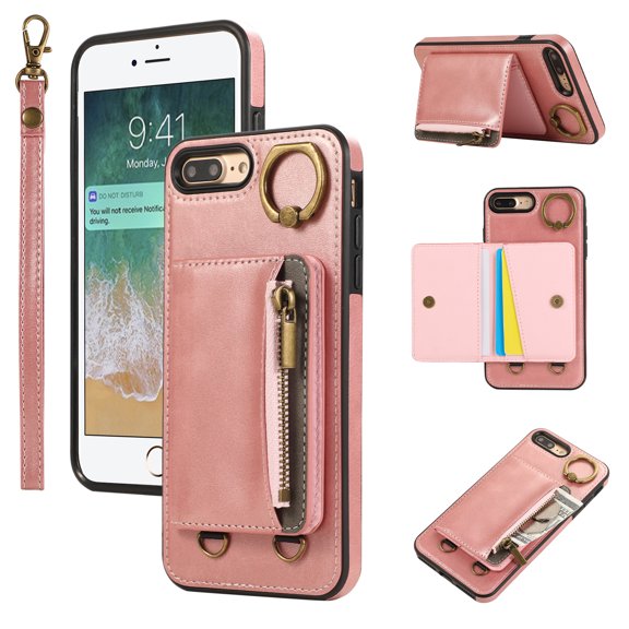 for iPhone 8 Plus/7 Plus PU Leather Case, Card Slots and Zipper Pocket Kickstand, Classic Protective Shockproof Lightweight Ultra Slim lip Case Finger Ring Wrist Strap for iPhone 8 Plus/7 Plus, Pink