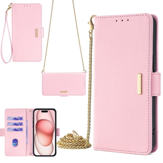 for iPhone 8 Plus / 7 Plus Phone Case with RFID Blocking Card Holder Crossbody Chain + Hand Strap Premium PU Leather Flip Case with Magnetic Clasp Kickstand Wallet Shockproof Phone Case,Pink