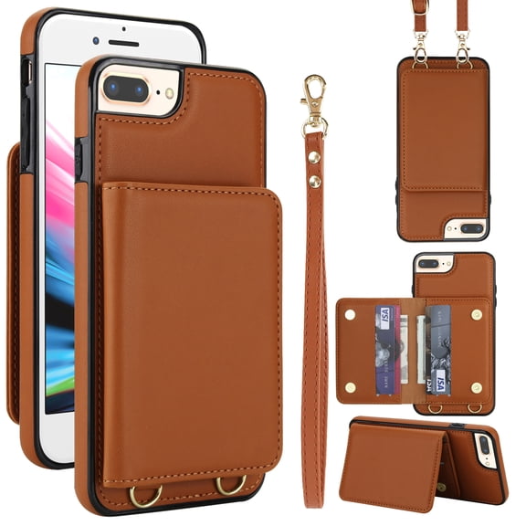 For iPhone 8 Plus/7 Plus Phone Case Wallet Card Holder,RFID Blocking PU Leather Back Magnetic Flip Kickstand Folio Case Wrist Lanyard & Crossbody Strap Protective Women Girls Cover,Brown