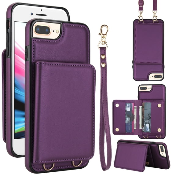 For iPhone 8 Plus/7 Plus Phone Case Wallet Card Holder,RFID Blocking PU Leather Back Magnetic Flip Kickstand Folio Case Wrist Lanyard & Crossbody Strap Protective Women Girls Cover,Deeppurple