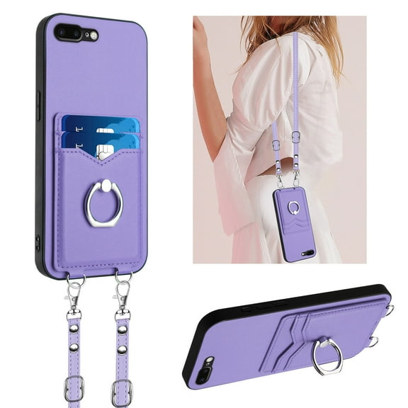 for iPhone 8 Plus / 7 Plus Phone Case Wallet with Crossbody Strap & Card Holder, Premium PU Leather Case, 360 Ring Holder Kickstand Durable Protective Women Men Cover for iPhone 8 Plus / 7 Plus,Purple