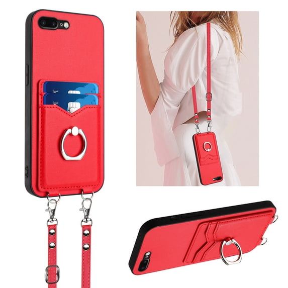for iPhone 8 Plus / 7 Plus Phone Case Wallet with Crossbody Strap & Card Holder, Premium PU Leather Case, 360 Ring Holder Kickstand Durable Protective Women Men Cover for iPhone 8 Plus / 7 Plus,Red