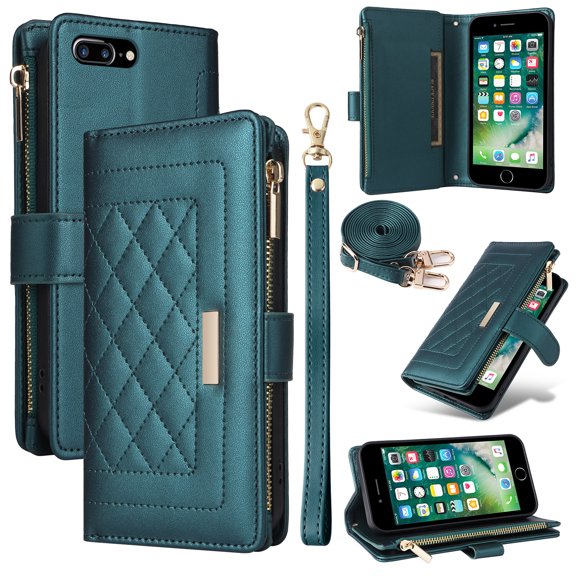for iPhone 8 Plus/7 Plus Wallet Case with RFID Blocking Card Holder, Kickstand Feature PU Leather Case with Adjustable Crossbody & Short Lanyard Magnetic Clasp Zipper Pocket Flip Cover,Darkgreen