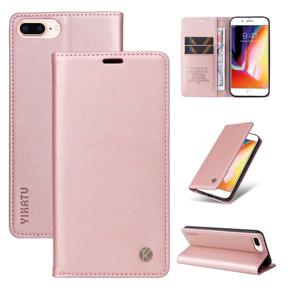 for iPhone 8 Plus / 7 Plus Wallet Case with RFID Blocking Credit Card Holder,Classic Vegan PU Premium Leather Folio Magneitc Flip Kickstand Shockproof Cover Phone case,Rosegold