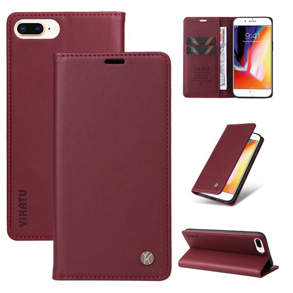for iPhone 8 Plus / 7 Plus Wallet Case with RFID Blocking Credit Card Holder,Classic Vegan PU Premium Leather Folio Magneitc Flip Kickstand Shockproof Cover Phone case,Winered