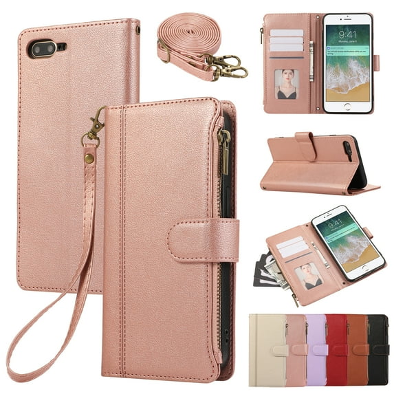 for iPhone 8 Plus/7 Plus Wallet case with Card Holder for Women Men,Phone case RFID Blocking PU Leather Flip Cover with Strap Zipper Credit Card Slots,Kickstand,With Wrist Strap,Rosegold