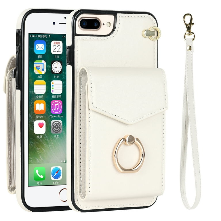 for iPhone 8 Plus iPhone 7 Plus Wallet Case Back Card Slots Bag Magnetic Button Ring Holder Stand Cover with RFID Blocking Wrist Hand Strap Luxury