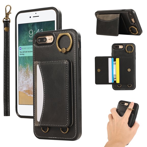 for iPhone 8 Plus / iPhone 7 Plus Wallet Case with Card Slots, Hand Wrist Strap Rotate Ring Design, Finger Grip Ring PU Leather Magnetic Button Shockproof Purse Phone Cover, Black
