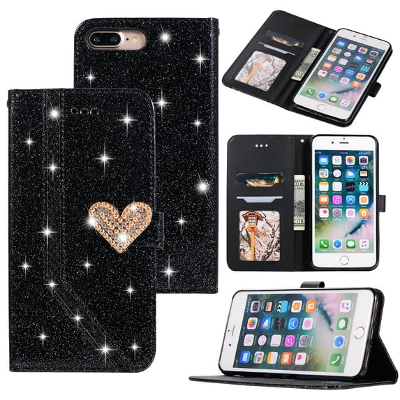 iPhone 8 Plus Case, iPhone 7 Plus Case, Allytech PU Leather Glitter Slim Lightweight Full Body Protective Cards Slots Money Pocket Wallet Case Cover for Apple iPhone 8 Plus / iPhone 7 Plus, Black