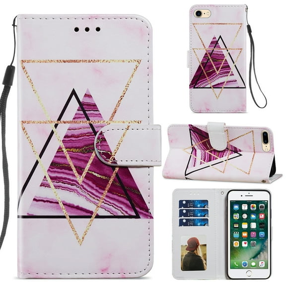 iPhone 8 Plus Case, iPhone 7 Plus Case 5.5 inch, Allytech Premium PU Leather Flip Case with Card Slots Stand Magnetic Closure Removable Wrist Strap Wallet Case for iPhone 7 Plus/8 Plus,Triangle Marble