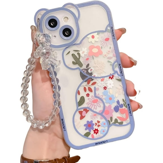 iPhone 8 Plus Case with Cute Flowers Bear Pattern, Camera Protector, Clear Case and Lovely Strap Bracelet Chain, Compatible for iPhone 8 Plus for Girls Women (Blue)