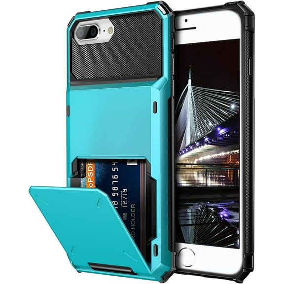 for iPhone 8 Plus Case Wallet Cover 4-Card Credit Card Holder ID Slot Scratch Resistant Dual Layer Hybrid Protective Hard Shell Rugged TPU Bumper Armor Case for iPhone 7 Plus 5.5" Light Blue