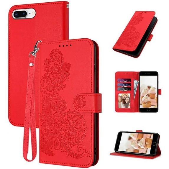 for iPhone 8 Plus Case Wallet,for iPhone 7 Plus Phone Case,6/6S Plus Case,Card Holder,Floral Leather Flip Cases,Wrist Strap,Kickstand Protective Cute Cover for Women Girl (Red)