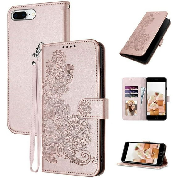for iPhone 8 Plus Case Wallet,for iPhone 7 Plus Phone Case,6/6S Plus Case,Card Holder,Floral Leather Flip Cases,Wrist Strap,Kickstand Protective Cute Cover for Women Girl (Rose Gold)