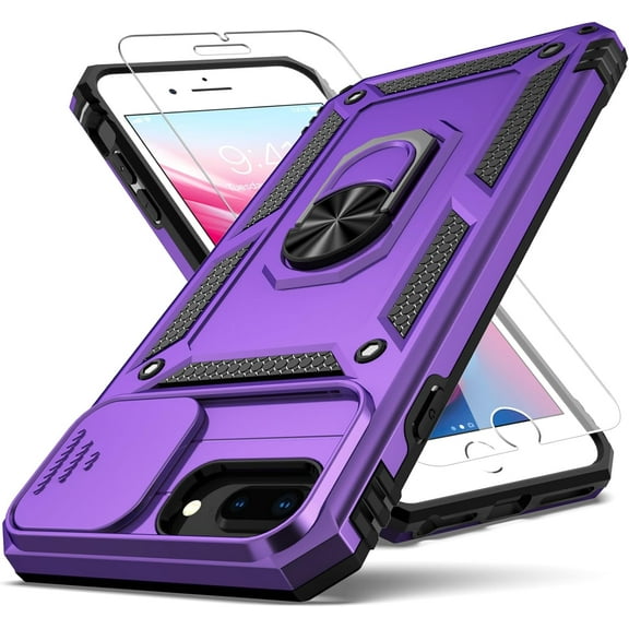 for iPhone 8 Plus Case,for iPhone 7/6 Plus Case,with Slide Camera Cover+ HD Screen Protector,Rotated Ring Kickstand Military Grade Shockproof Protective Cover-Purple