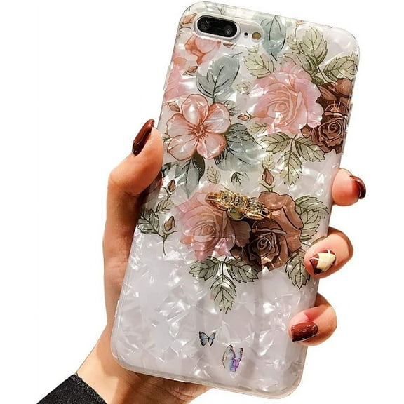 for iPhone 8 Plus Case,iPhone 7 Plus Case 5.5 inch Flower Pattern Cute Stand Cover for Women Girls 360 Degree Rotating Ring Stand Holder Kickstand Soft TPU Shockproof Brown Flower