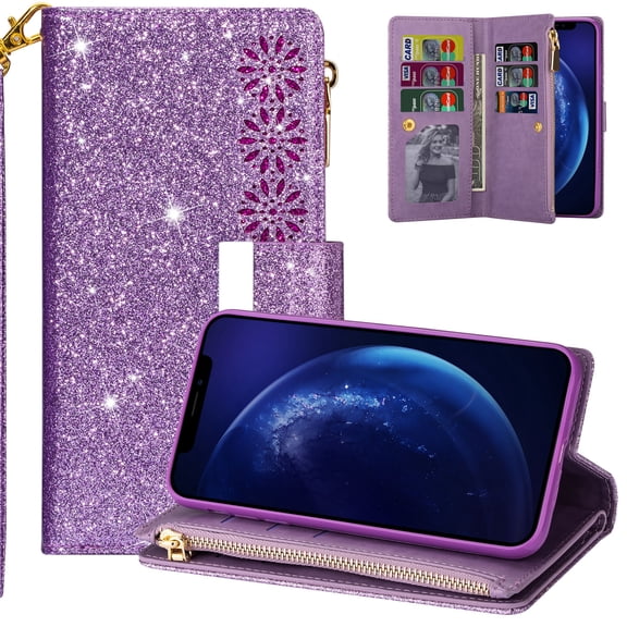 iPhone 8 Plus Case, iPhone 7 Plus Case, Allytech Bling PU Leather Folio Flip Kickstand Cards Slots Shockproof Magnetic Closure Wallet Case Cover for Apple iPhone 8 Plus/ iPhone 7 Plus, Purple