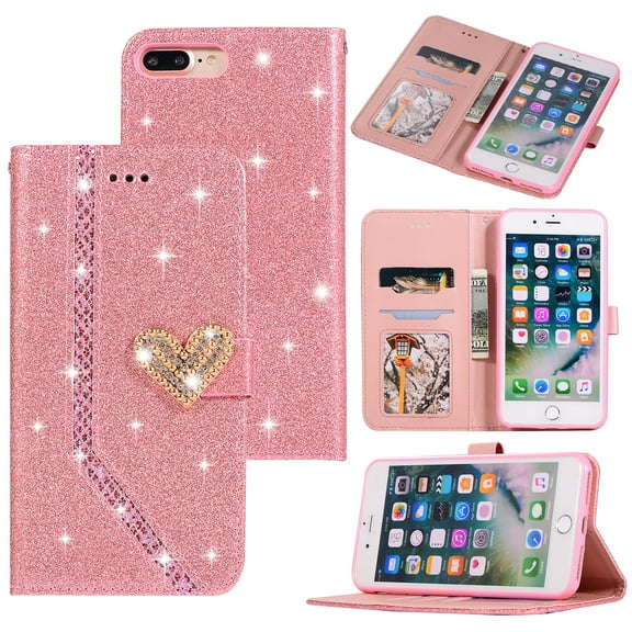 iPhone 8 Plus Case, iPhone 7 Plus Case, Allytech PU Leather Glitter Slim Lightweight Full Body Protective Cards Slots Money Pocket Wallet Case Cover for Apple iPhone 8 Plus / iPhone 7 Plus, Pink