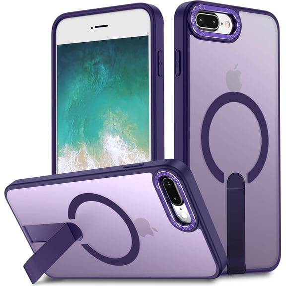 for iPhone 8 Plus Case, for iPhone 7 Plus Case, Built-in Kickstand Magnetic [Compatible with Magsafe] Translucent Protective Shockproof Phone Cover for iPhone 8 Plus/7 Plus 5.5 inch (Purple)