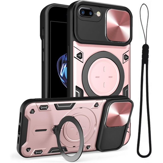 for iPhone 8 Plus Case/iPhone 7 Plus Case,Metal Stand Ring Holder,Camera Lens Protector 7/8 Plus Cases Women Men,Slim Bumper Full Protection Shockproof Cover (Rose Gold)