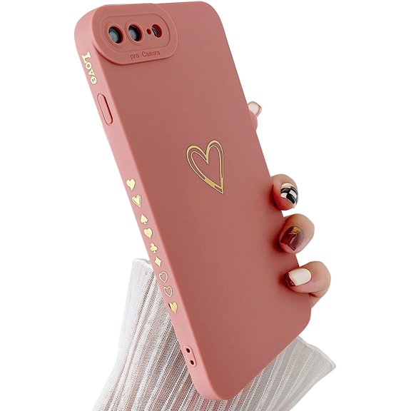 for iPhone 8 Plus Case,iPhone 7 Plus Case,Side&Back Cute Plated Love Heart with Anti-Fall Lens Camera Cover Protection Soft TPU Shockproof Anti-Fingerprint Phone Case for Women Girl Men,Pink