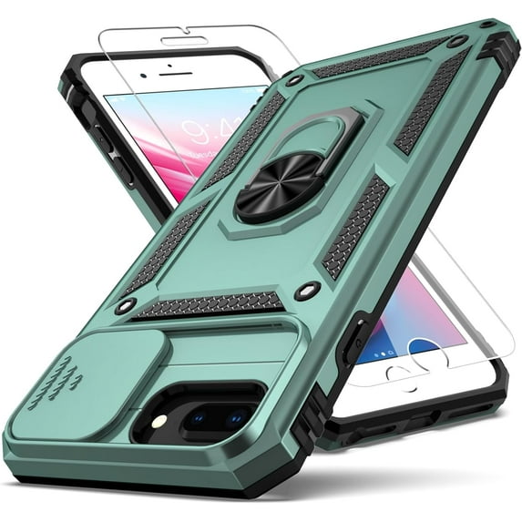 for iPhone 8 Plus Case,iPhone 7 Plus Case,iPhone 6 Plus Case,with Slide Camera Cover+ HD Screen Protector,Rotated Ring Kickstand Military Grade Shockproof Protective Cover-Green