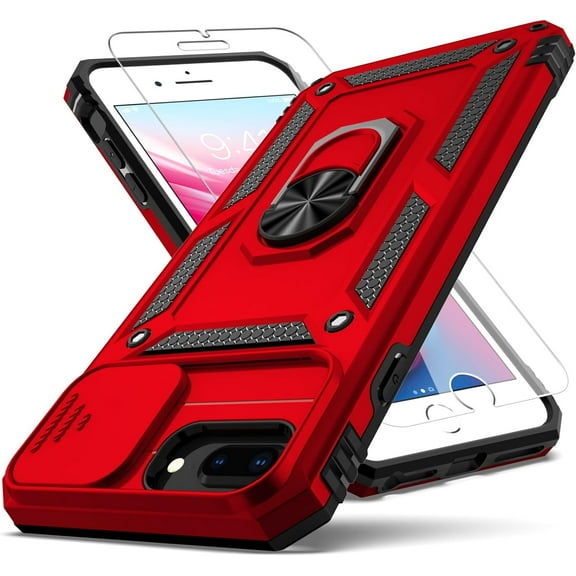 for iPhone 8 Plus Case,iPhone 7 Plus Case,with Slide Camera Cover+ HD Screen Protector,Rotated Ring Kickstand Military Grade Shockproof Protective Cover-Red