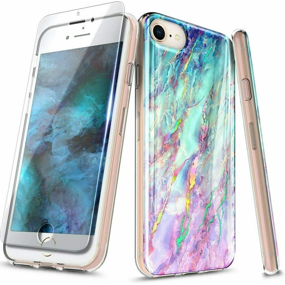 For iPhone 8 Plus Case, iPhone 7 Plus / iPhone 6s Plus / iPhone 6 Plus with Tempered Glass Screen Protector, Ultra Slim Thin Glossy Stylish, Gold Glitter Marble Design Phone Cover - Nova