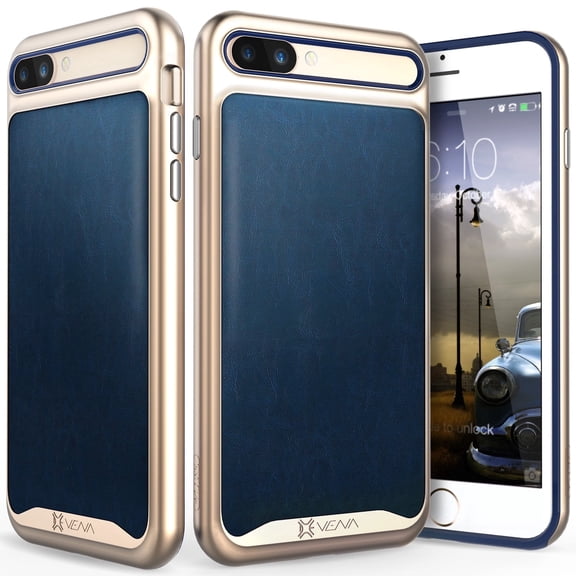 iPhone 8 Plus Leather Case, Vena [vLuxe][Leather Back | Metal Button] Slim Dual Layer Protective Cover for Apple iPhone 8 Plus/iPhone 7 Plus (4.7") (Navy/Gold)