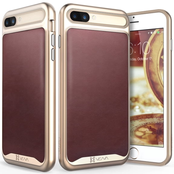 iPhone 8 Plus Leather Case, Vena [vLuxe][Leather Back | Metallized Button] Slim Protective Cover for Apple iPhone 8 Plus/iPhone 7 Plus (4.7") (Burgundy Red/Gold)