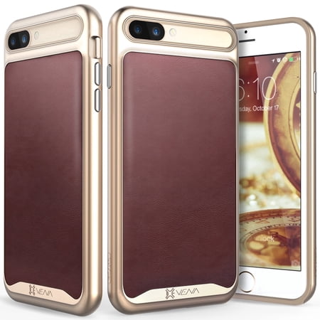 iPhone 8 Plus Leather Case, Vena [vLuxe][Leather Back | Metallized Button] Slim Protective Cover for Apple iPhone 8 Plus/iPhone 7 Plus (5.5") (Burgundy Red/Gold)