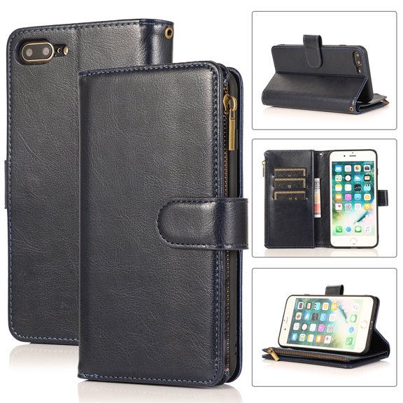 iPhone 8 Plus Wallet Case, iPhone 7 Plus Case 9 Cards Holder Zipper Wallet Case for Women Men Shockproof Hand Strap Full Protective Flip Stand Cover for Apple iPhone 8 Plus/7Plus-Blue