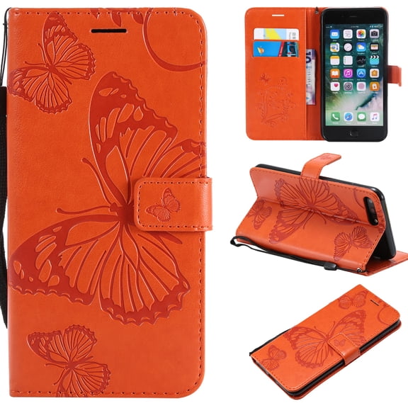 iPhone 8 Plus Wallet Case, iPhone 7 Plus Case, Dteck Embossed Big Butterfly Magnetic Flip PU Leather Folio Stand Case Cover Built-in Card Slots & Money Pocket, with wrist Strap, Orange