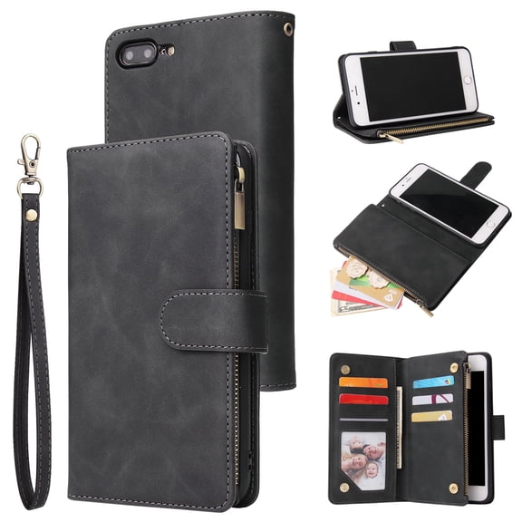 iPhone 8 Plus Wallet Case, iPhone 7 Plus Case, Dteck Soft Leather Zipper Wallet Case Magnetic Buckle Horizontal Flip Cover with 5 Card Slots/Photo Pocks For Apple iPhone 8 Plus/7 Plus 5.5 inch, Black