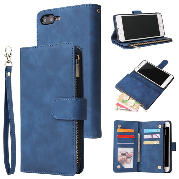 iPhone 8 Plus Wallet Case, iPhone 7 Plus Case, Dteck Soft Leather Zipper Wallet Case Magnetic Buckle Horizontal Flip Cover with 5 Card Slots/Photo Pocks For Apple iPhone 8 Plus/7 Plus 5.5 inch, Blue