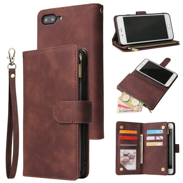 iPhone 8 Plus Wallet Case, iPhone 7 Plus Case, Dteck Soft Leather Zipper Wallet Case Magnetic Buckle Horizontal Flip Cover with 5 Card Slots/Photo Pocks For Apple iPhone 8 Plus/7 Plus 5.5 inch, Coffee