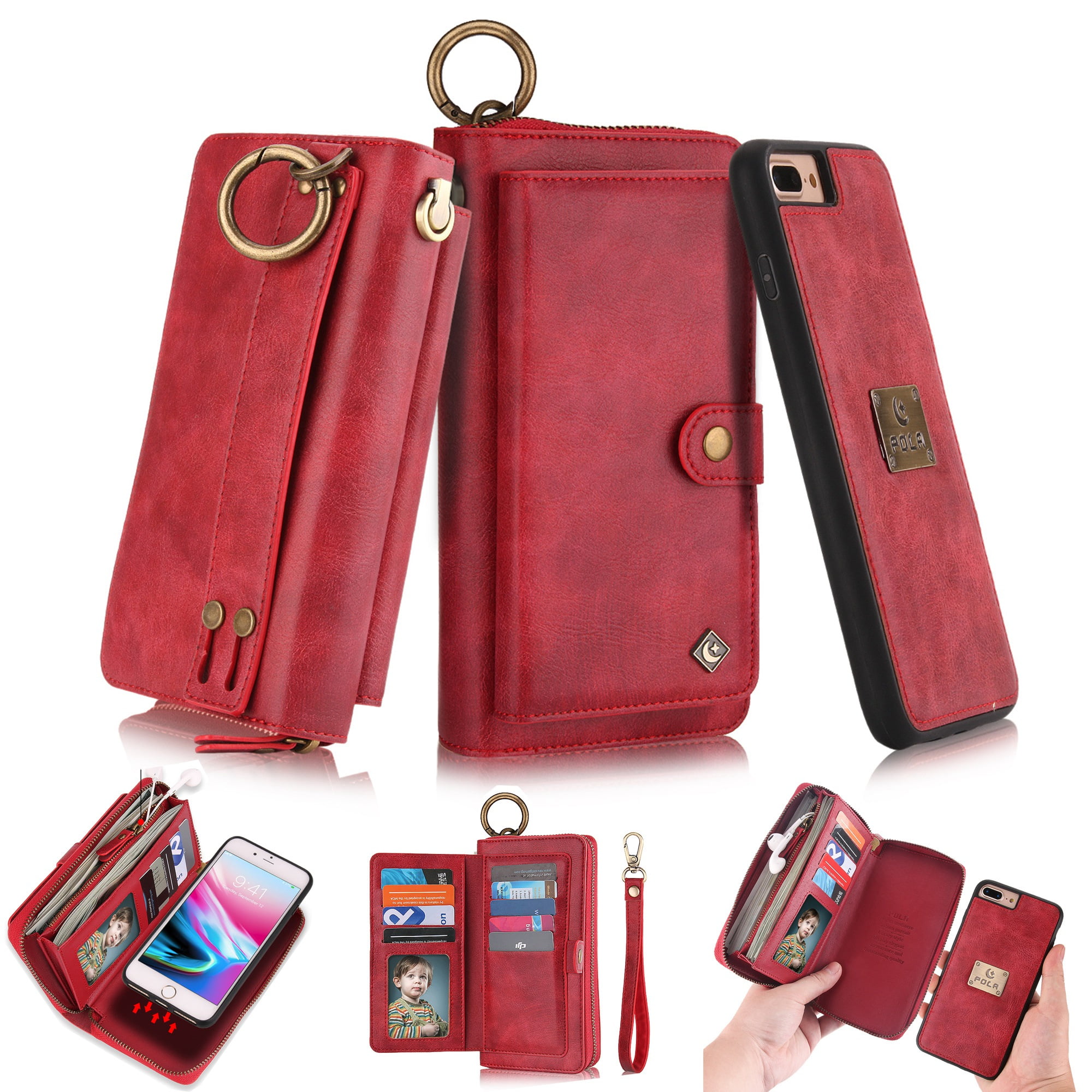 iPhone 8 Plus Wallet Detachable Case, iPhone 7 Plus Case, Dteck [Wrist Band & Metal Buckle] [14 Card Slots] Zipper Purse Phone Case Folio Flip PU