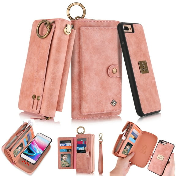 iPhone 8 Plus Wallet Detachable Case, iPhone 7 Plus Case, Dteck [wrist band & metal buckle] [14 Card Slots] Zipper Purse Phone Case Folio Flip PU Leather Removable Magnetic Back Cover, Pink