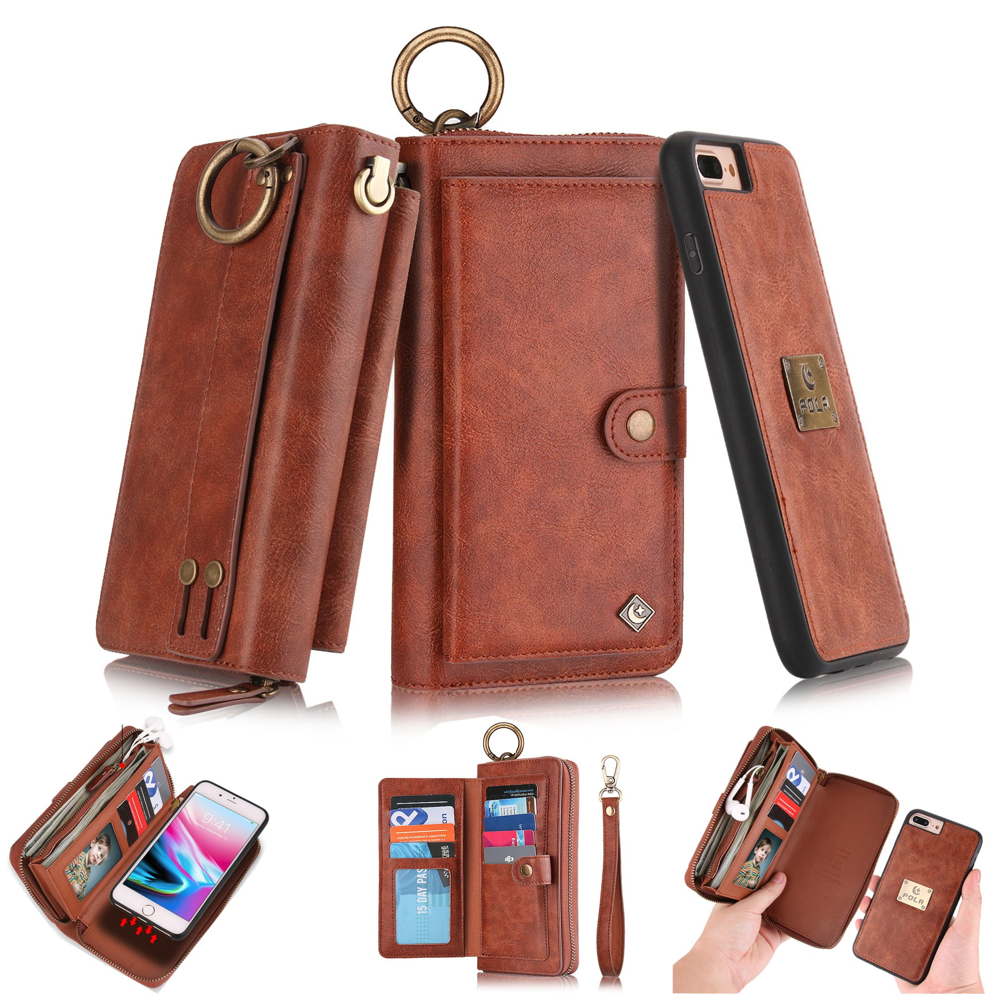 iPhone 8 Plus Wallet Detachable Case, iPhone 7 Plus Case, Dteck [wrist band & metal buckle] [14 Card Slots] Zipper Purse Phone Case Folio Flip PU Leather Removable Magnetic Back Cover, Brown