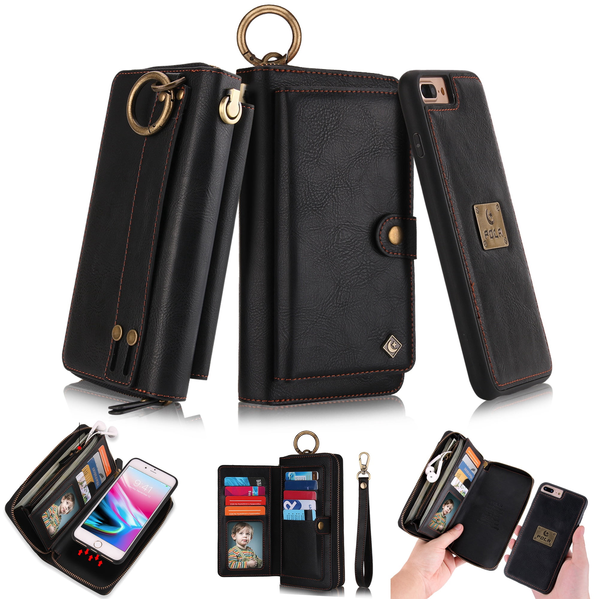 iPhone 8 Plus Wallet Detachable Case, iPhone 7 Plus Case, Dteck [wrist band & metal buckle] [14 Card Slots] Zipper Purse Phone Case Folio Flip PU Leather Removable Magnetic Back Cover, Black
