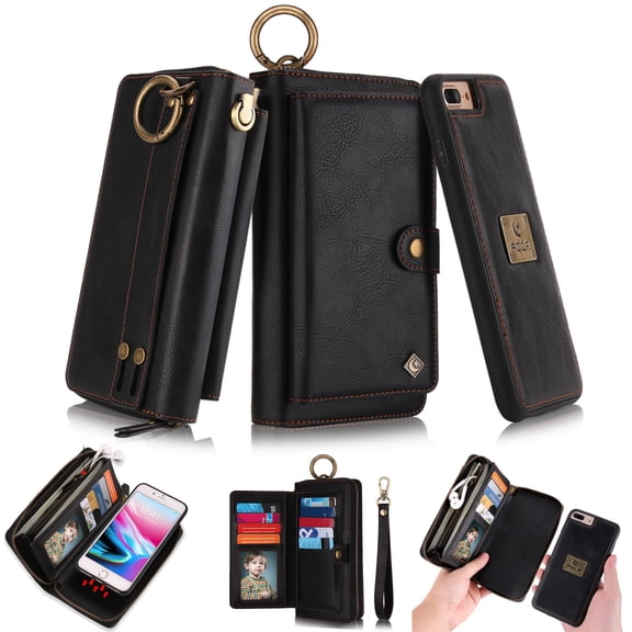 iPhone 8 Plus Wallet Detachable Case, iPhone 7 Plus Case, Dteck [wrist band & metal buckle] [14 Card Slots] Zipper Purse Phone Case Folio Flip PU Leather Removable Magnetic Back Cover, Black