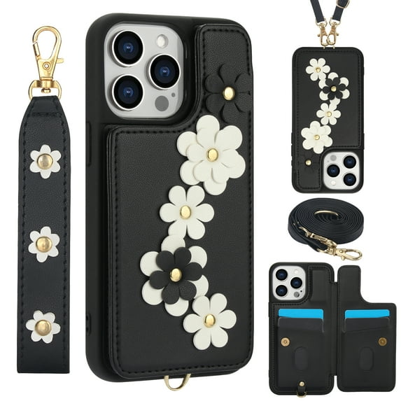 for iPhone 8 Plus / iPhone 7 Plus 5.5-inch Crossbody Wallet Case, Women Flip Cover Flower Design PU Leather Kickstand Card Holder Slots Wrist Strap Lanyard Purse Phone Case, Black