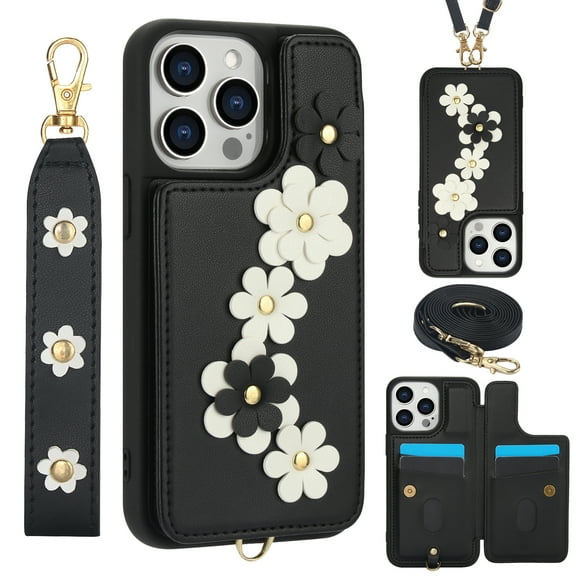 for iPhone 8 Plus / iPhone 7 Plus 5.5-inch Crossbody Wallet Case, Women Flip Cover Flower Design PU Leather Kickstand Card Holder Slots Wrist Strap Lanyard Purse Phone Case, Black