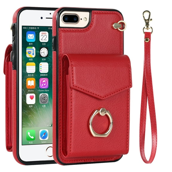 for iPhone 8 Plus / iPhone 7 Plus Wallet Case, Back Card Slots/Bag Magnetic Button Ring Holder Stand Cover with RFID Blocking Wrist Hand Strap Luxury PU Leather Anti-Shocks Case,Red