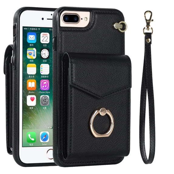 for iPhone 8 Plus / iPhone 7 Plus Wallet Case, Back Card Slots/Bag Magnetic Button Ring Holder Stand Cover with RFID Blocking Wrist Hand Strap Luxury PU Leather Anti-Shocks Case,Black