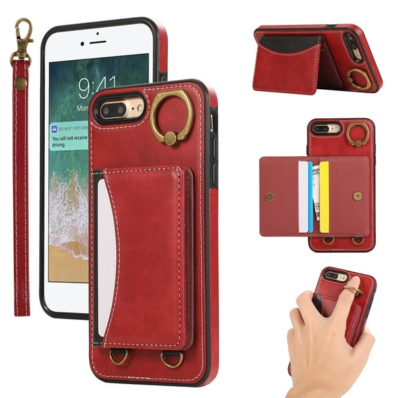 for iPhone 8 Plus / iPhone 7 Plus Wallet Case with Card Slots, Hand Wrist Strap Rotate Ring Design, Finger Grip Ring PU Leather Magnetic Button Shockproof Purse Phone Cover, Red