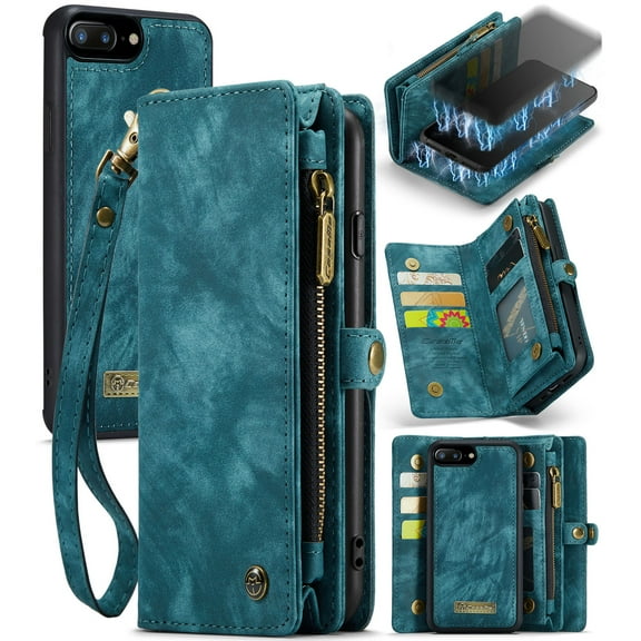 For iPhone 8 Plus, iPhone 7 Plus Wallet Case,Multi-Functional Retro Leather Purse Flip Cover Zipper Wallet Case with Removable Card Slots Pocket & Detachable Wrist Strap Magnetic Phone Case, Green