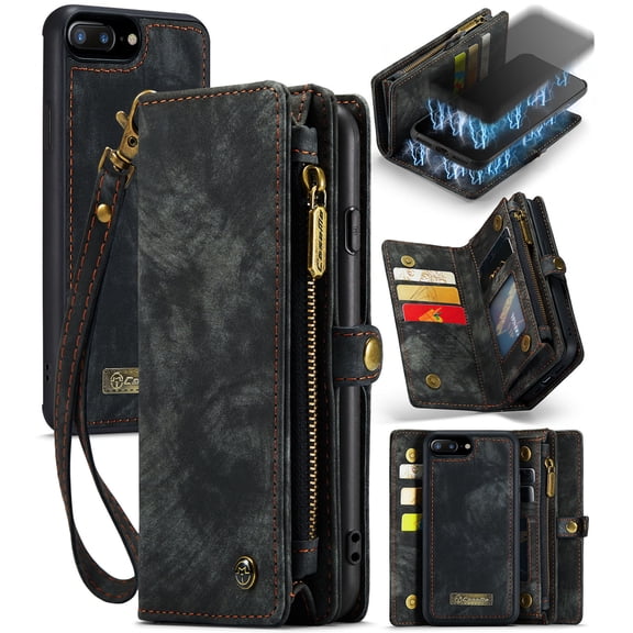 For iPhone 8 Plus, iPhone 7 Plus Wallet Case,Multi-Functional Retro Leather Purse Flip Cover Zipper Wallet Case with Removable Card Slots Pocket & Detachable Wrist Strap Magnetic Phone Case, Black